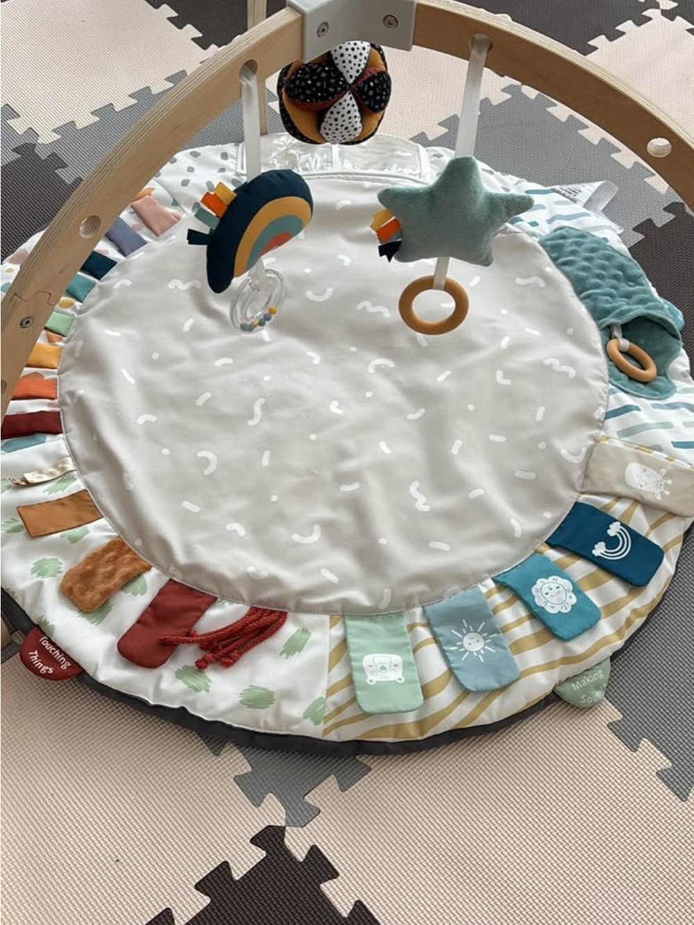 Soft Play Gym Mat with Teal and Neutral Toy Accents